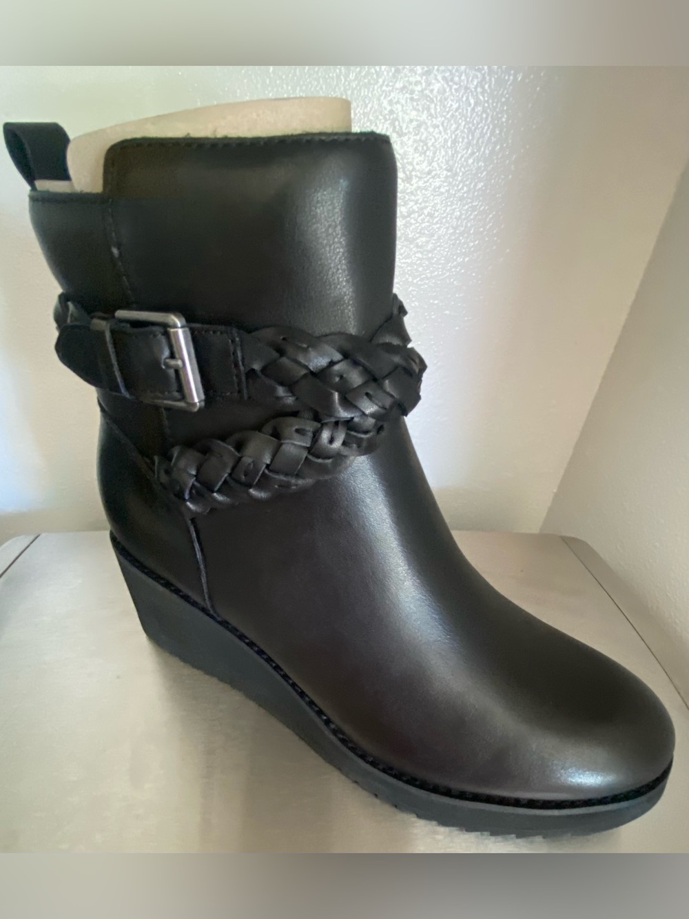 NEW-EARTH WOMENS LEATHER WEDGE ZIP UP ANKLE BOOTS WITH BRAIDED STRAP - Picture 13 of 16